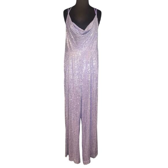Anthro Ranna Gill Lilac Sequin Cowl Neck Jumpuit L NWT Disco Lover Pastel Party - Picture 1 of 5
